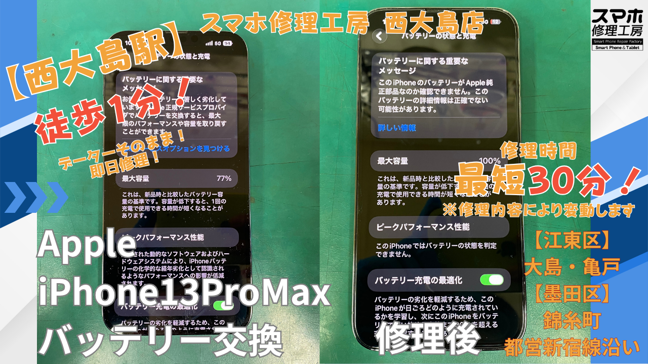 iPhone13ProMax｜電池べりが早い | 江東区大島・錦糸町付近でデーターそのまま修理ならスマホ修理工房 西大島店